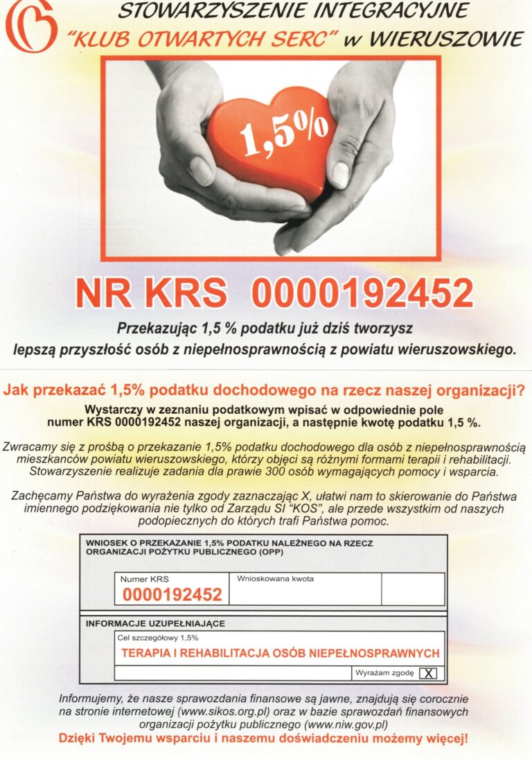 Plakat z tekstem jak przekazać 1.5% na rzecz naszej organizacji